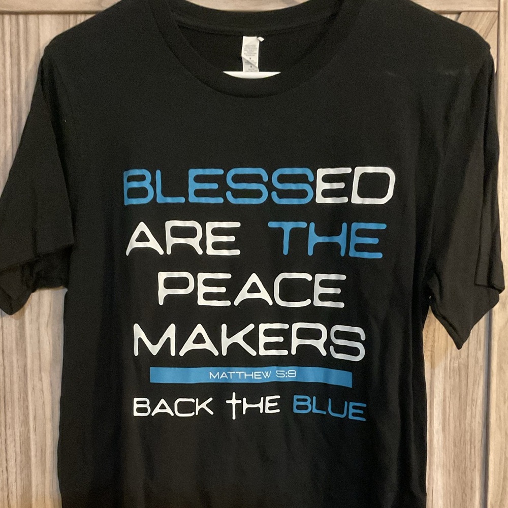 Black Graphic T-Shirt with Blue and White Text